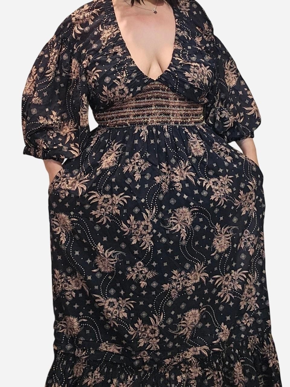 Free People Black Maxi Dress Boho Floral Print Smocked Waistline & Pockets-Large - Picture 5 of 7